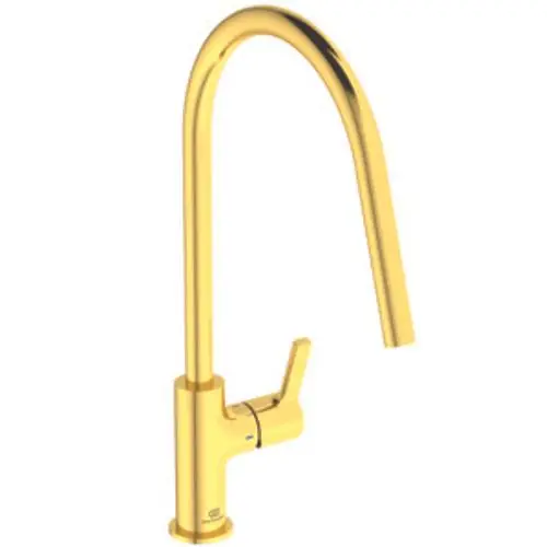 Goldfarbene Küchenarmatur von Ideal Standard mit hohem, geschwungenem Auslauf und einem seitlichen Hebel zur Wassersteuerung.